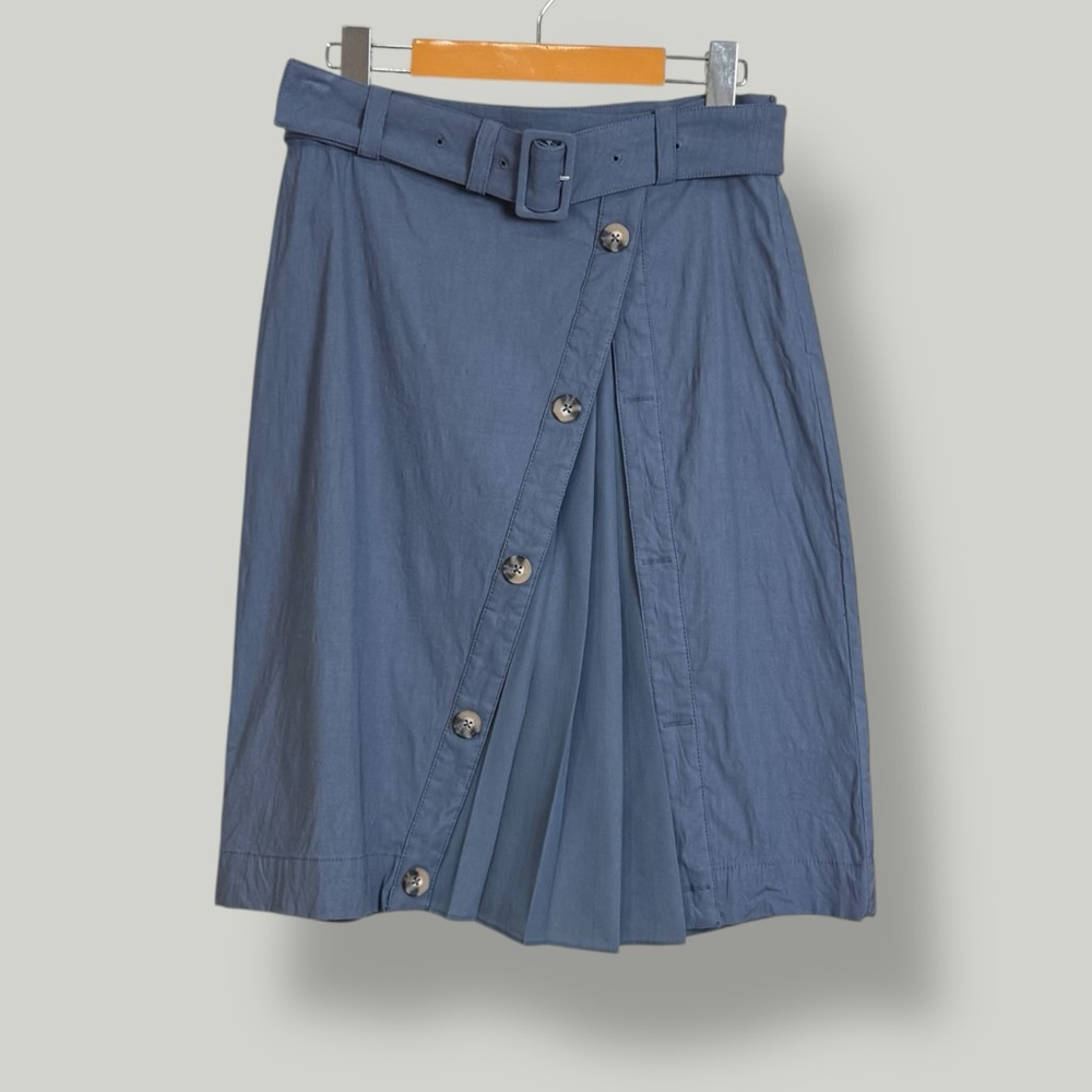 BY ANTHROPOLOGIE Skirt Women Size 8 Medium Dusty Blue Pleated Knee Length Belted